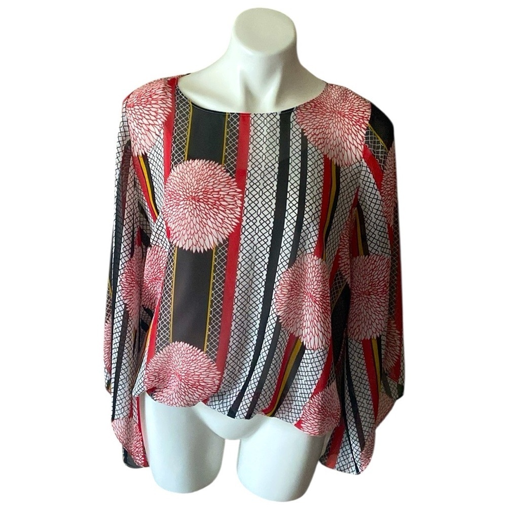 Alfani Women’s Red and Black Floral Long Sleeve Sheer Blouse Size Medium